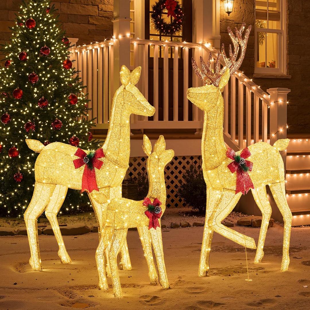 Sweetcrispy 3-Piece Large Lighted Christmas Deer Family Set - 5.3Ft with 360 Bright LED Warm Lights Standing Reindeer, Lawn Decor, Indoor Outdoor Front Yard Holiday Decoration, Stakes, Zip Ties, Gold
