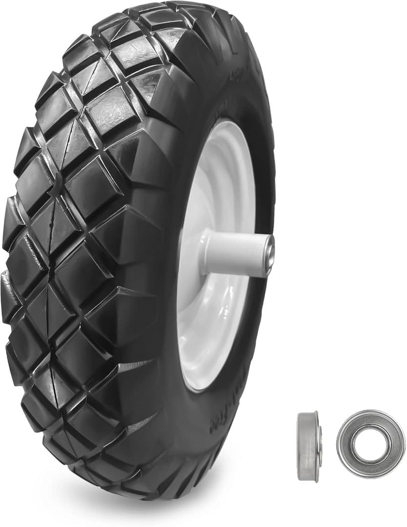 16" Flat Free Solid PU Tire and Wheel, 4.80/4.00-8 PU Airless Tires with 5/8" Ball Bearings 2 Pcs 3/4 Bearings, 6" Centered Hub for Hand Truck/Utility Cart/Dollies/Various Carts(440 Lb Load)