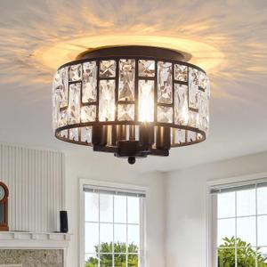 Black Crystal Semi Flush Mount Ceiling Light Fixture, 4-Light Close to Ceiling Lamp with Metal & Crystal Accents for Dining Room Kitchen Hallway Entryway Bedroom Foyer(11.2 Inch Easy to Install)