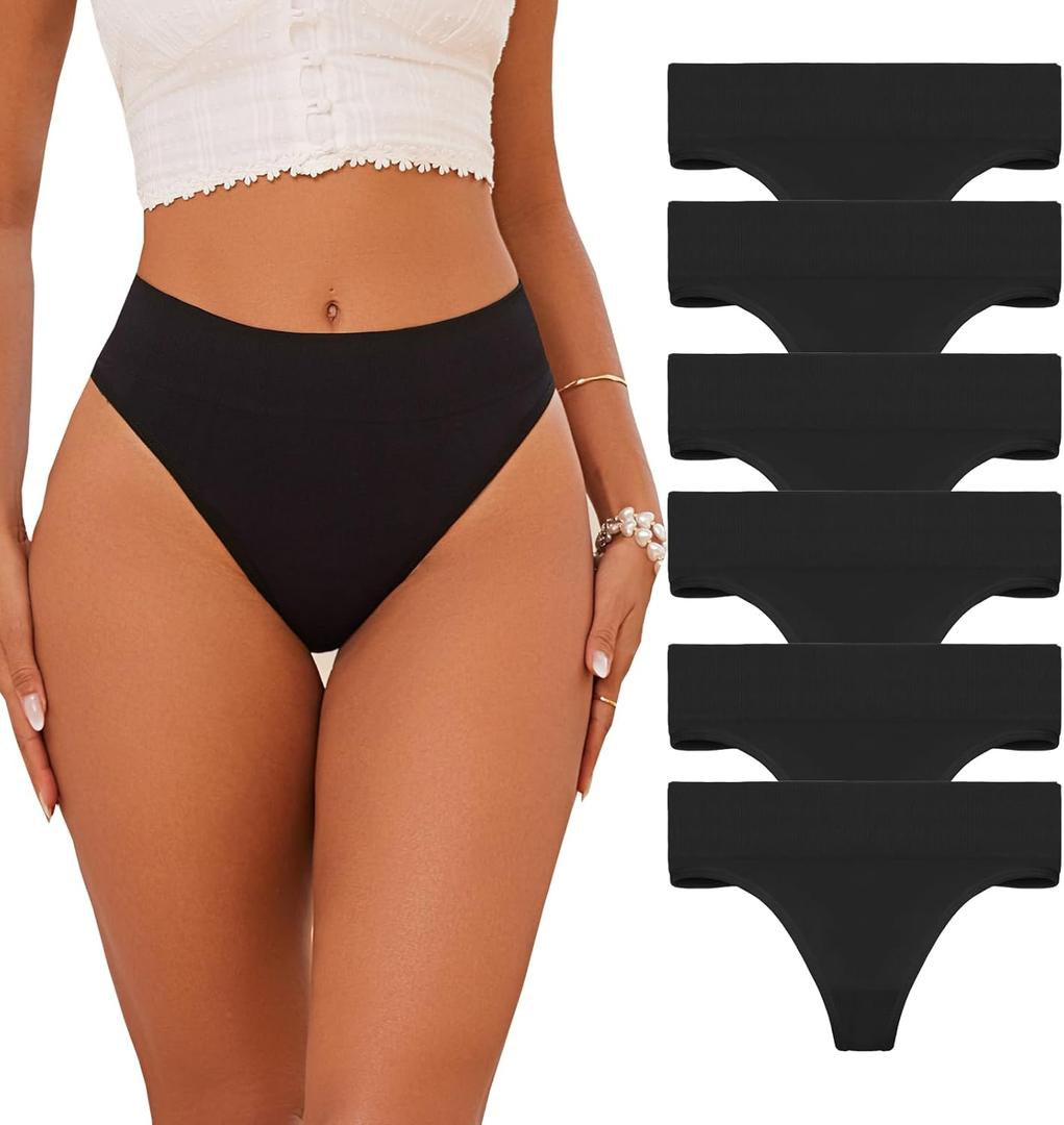6 Pack Women Underwear Mid Waist Stretch Briefs Thong Shapewear Panty Soft Underpants Ladies Full Coverage Panties (Black, M)