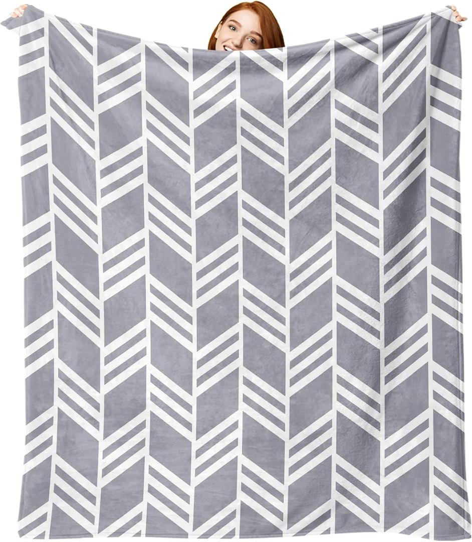 Grey White Geometric Flannel Throw Blanket, Herringbone Abstract Modern Art Gifts for Kids Men Women, Minimalist Contemporary Soft Blankets for Bedding Sofa 50" x 60"