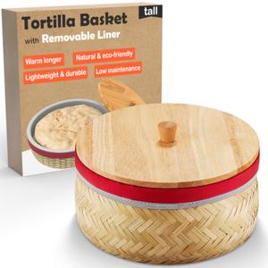 Tortilla Warmer Basket w Removable Insulation Liner, 9.4'' Large Bamboo Taco Warmer w Wooden Lid - Cotton Tortillas Warmer Pouch Microwavable, Lightweight & Durable Container For Bread Roti - Tall