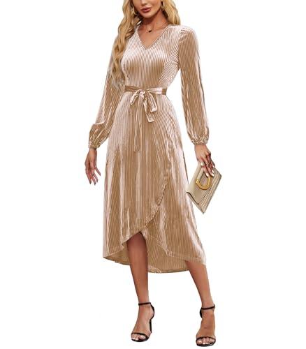 ETOSELL Women's Velvet V Neck Puff Sleeve Dress for Wedding Guest Cocktail Elegant Bodycon Party Midi Dress Champagne XL