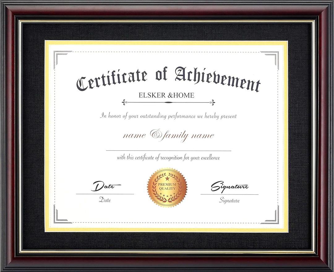 ELSKER&HOME 8.5x11 Diploma Frame with Mat Display Reddish/Mahogany Wood Frame.Made for Certificates&Document 8.5 x 11 Inch Frame with Mat or 11x14 without Mat (Double Mat, Black with Golden Rim)