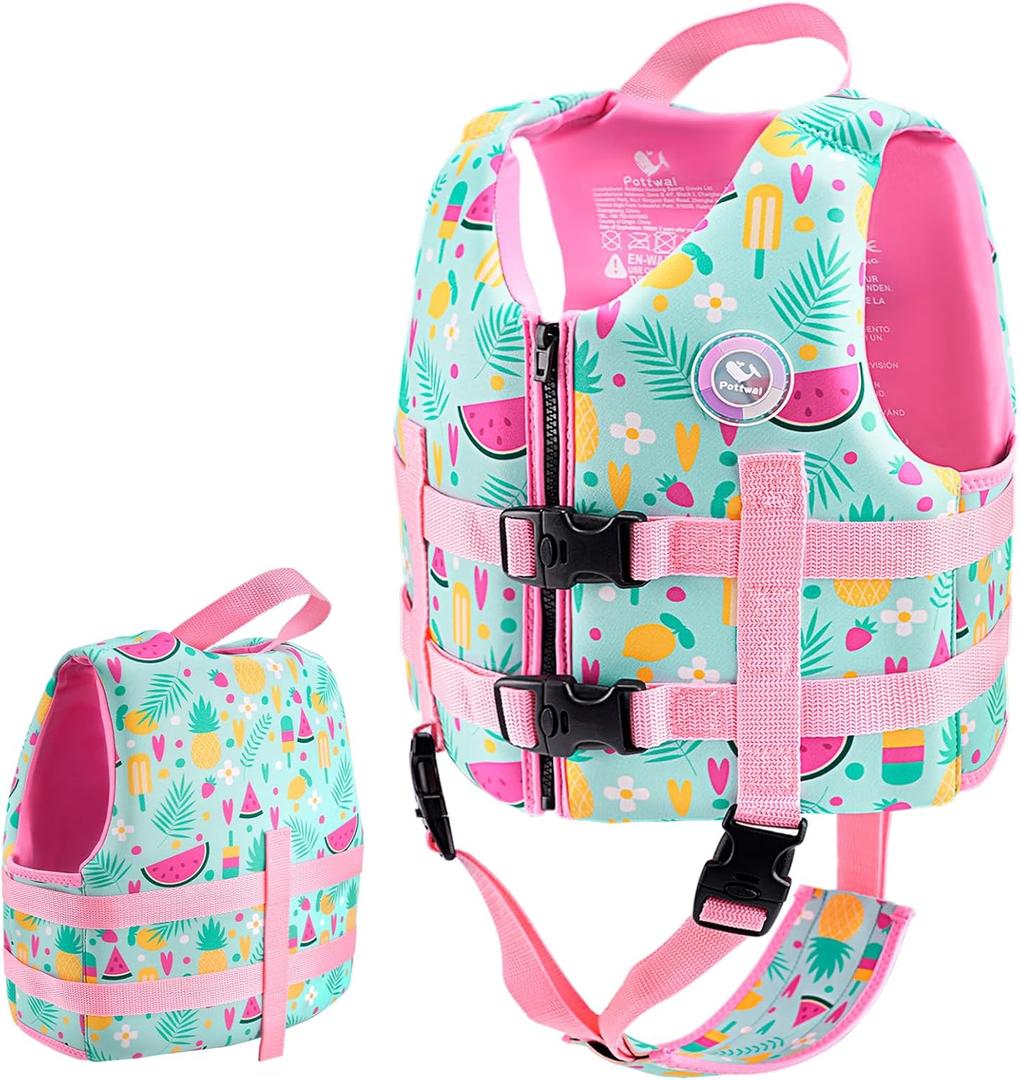 Pottwal Swim Vest for Kids - Swim Jacket for 1-2 Years (24-33LBS) - Buoyancy Aid Made of Neoprene & EPE - with Adjustable Crotch Strap (Large, Green Fruits and Flowers)