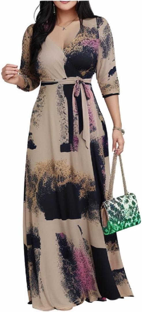 CaniBtr Maxi Dresses for Women Casual 3/ 4 Sleeve Printed Wrap V Neck Plus Size Church Summer Long Sundress with Belt, XL