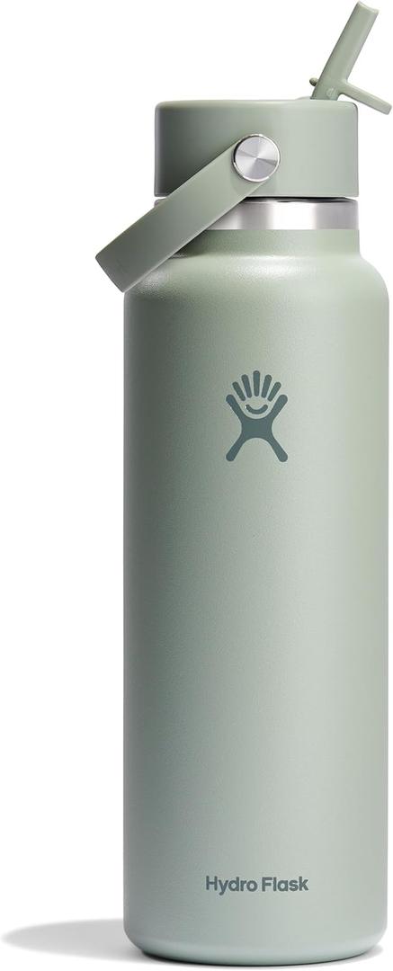 Hydro Flask Water Bottle - Insulated Stainless Steel - Wide Mouth Flex Straw Lid, Non Spill, Leakproof and Refillable in 40 Oz Tonal Agave