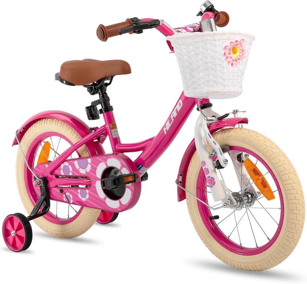 HILAND Girls Bike for Toddlers and Kids Ages 2-7 Years Old, 12 Inch Kids Bike for Boy and Girl with Training Wheels Basket Bell Rear Rack (12 inch, pink)
