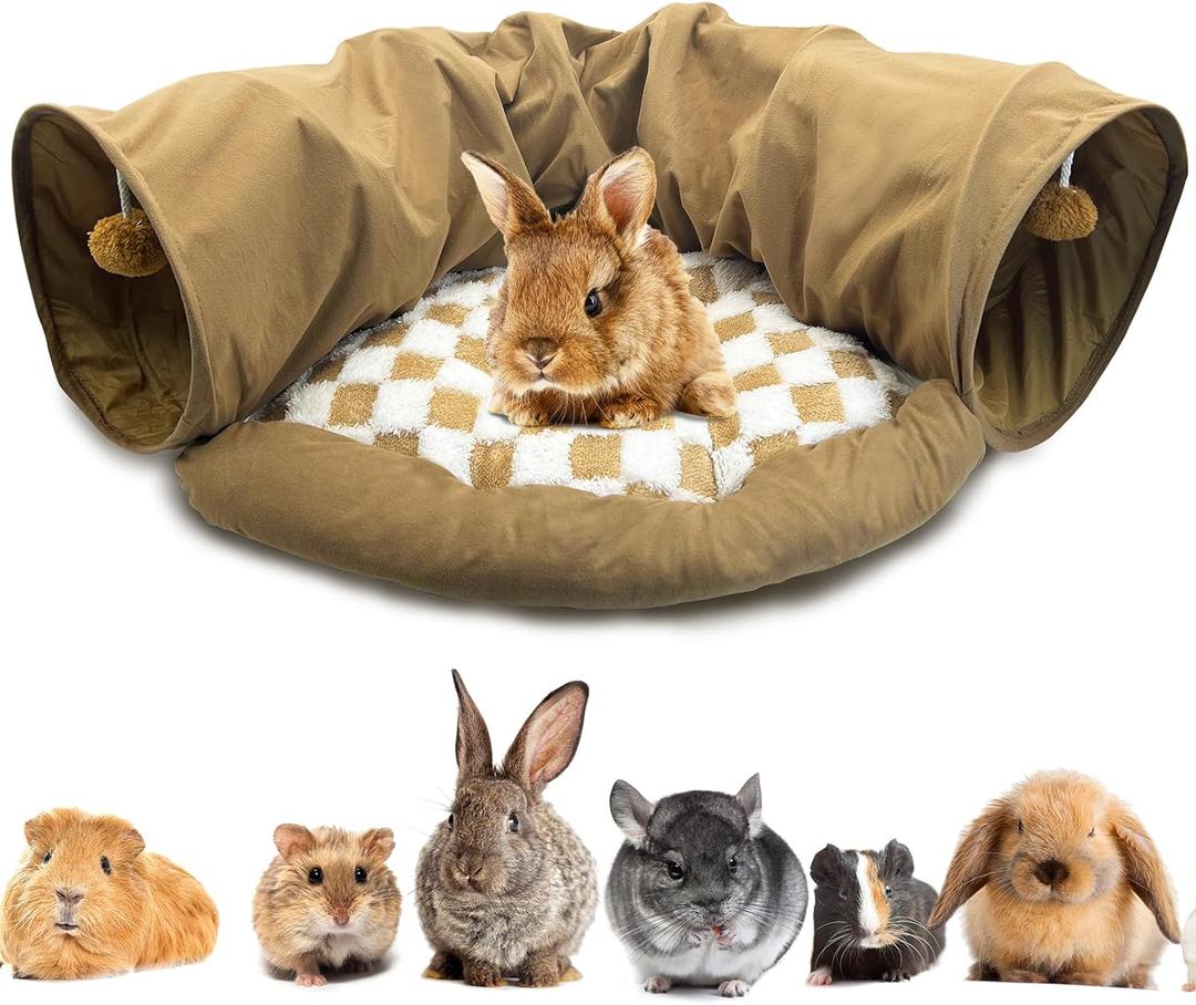 PINVNBY Bunny Tunnel Bed 2-in-1 Removable and Cozy Large Guinea Pig Hideout Tunnel Washable Small Animal Tunnels Tube Toys Guinea Pig Accessories for Rabbit Chinchilla Hedgehog Ferret (Khaki)