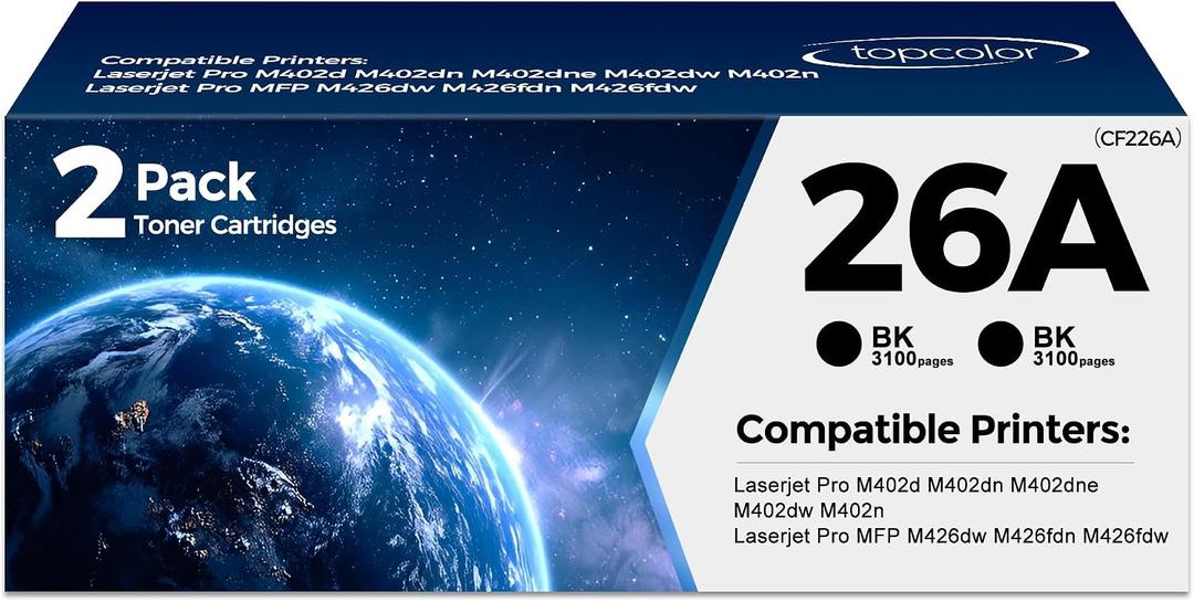 26A CF226A Black Toner Cartridge 2 Pack Compatible for HP Printer 26A CF226A 26X CF226X Toner Cartridges High Yield for LaserJet Pro M402n M402dn M402dne M402dw MFP M426fdn M426fdw M426dw Printers