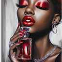 ZSHARTSWD African American Wall Art Black Women with Perfume Picture Fashion Black Girl Portrait Canvas Print Sexy Lips Painting Bedroom Bathroom Decor Framed (Red, 20L x 16W)