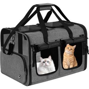 Cat Carrier for 2 Cats, Foldable Double Cat and Dog Carrier, Small to Medium Size, 2 Front Zippered Compartments,Two Pets Carrier for Travel,Mulitple Cat Carrier (Dark Gray with Flat Pocket)