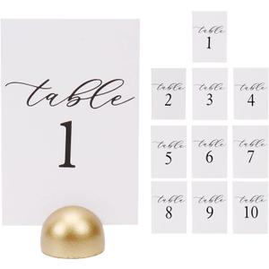 Hanna Roberts Modern Cursive Table Number Card Stock Signs with Round Stand for Wedding Reception, Restaurant, Event Party, 4" x 6" (Set of 10, 1-10, Gold)