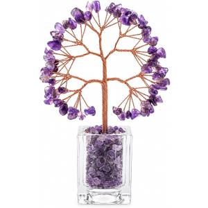 Amethyst Crystal Tree of Life, Purple Crystal Money Tree Desk Decor, Handmade Copper Wire Bonsai with Clear Acrylic Base, Natural Amethyst Decor for Home Office Shelf