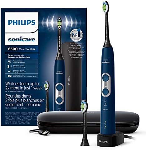 Philips Sonicare ProtectiveClean 6500 Rechargeable Electric Toothbrush, with Pressure Sensor, 3 Cleaning Modes, SmarTimer and QuadPacer, 14-Day Battery Life, Charging Travel Case, Navy Blue, HX6462/07