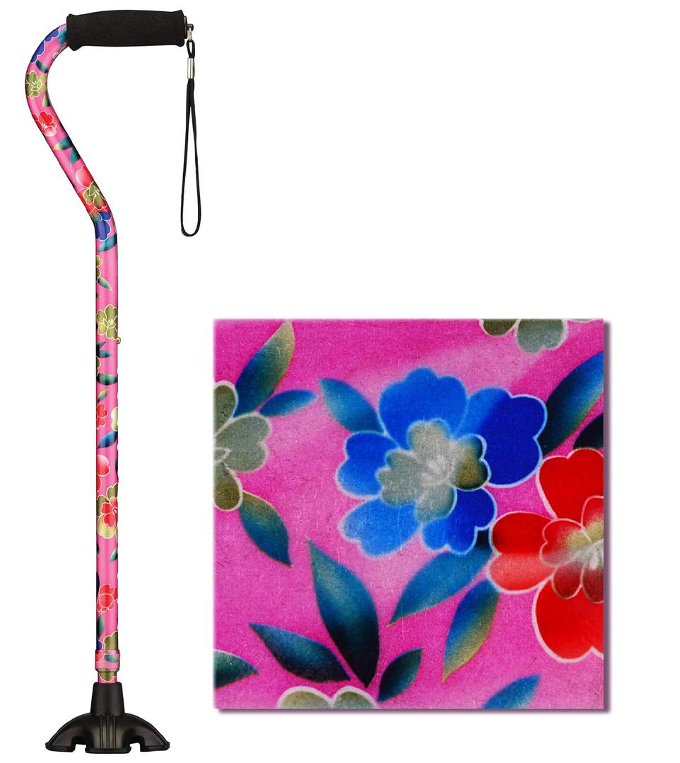 Nova Joy Designer Offset Quad Cane for Seniors - Unisex Adjustable Lightweight Walking Aid with Foam Handle, Wrist Strap and Anti-Rattle Lock - Essential Mobility Support - Pink Garden, 1 Count