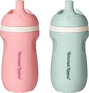 Tommee Tippee Insulated 9oz Sporty Spout Toddler Water Bottle, No Spill Sippy Cups for Toddlers 13, TwoPiece Valve Helps Stop Spills, BPA Free, Pink and Mint, Pack of 2