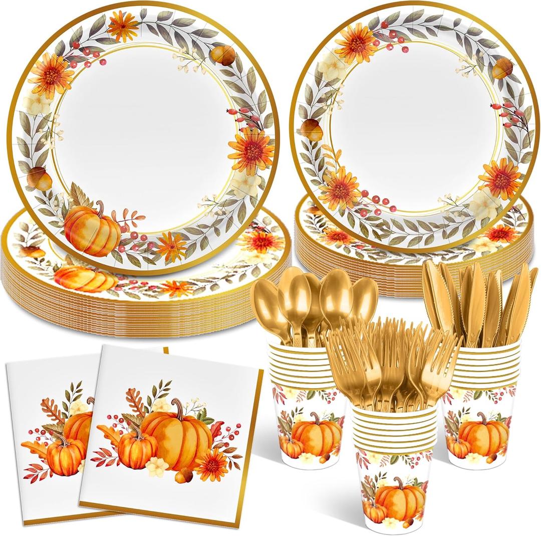 168Pcs Fall Thanksgiving Paper Plates and Napkins for Thanksgiving Fall Theme Autumn Leaves Pumpkin Party Supplies