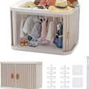 Doll Wardrobe Storage Box, Foldable Doll Closet with 10 Hangers and Rod for 15/17cm Doll Clothes Stackable Organizer Cabinet with Dust-Resistant Cover and Display Shelf (Pearl Grey)