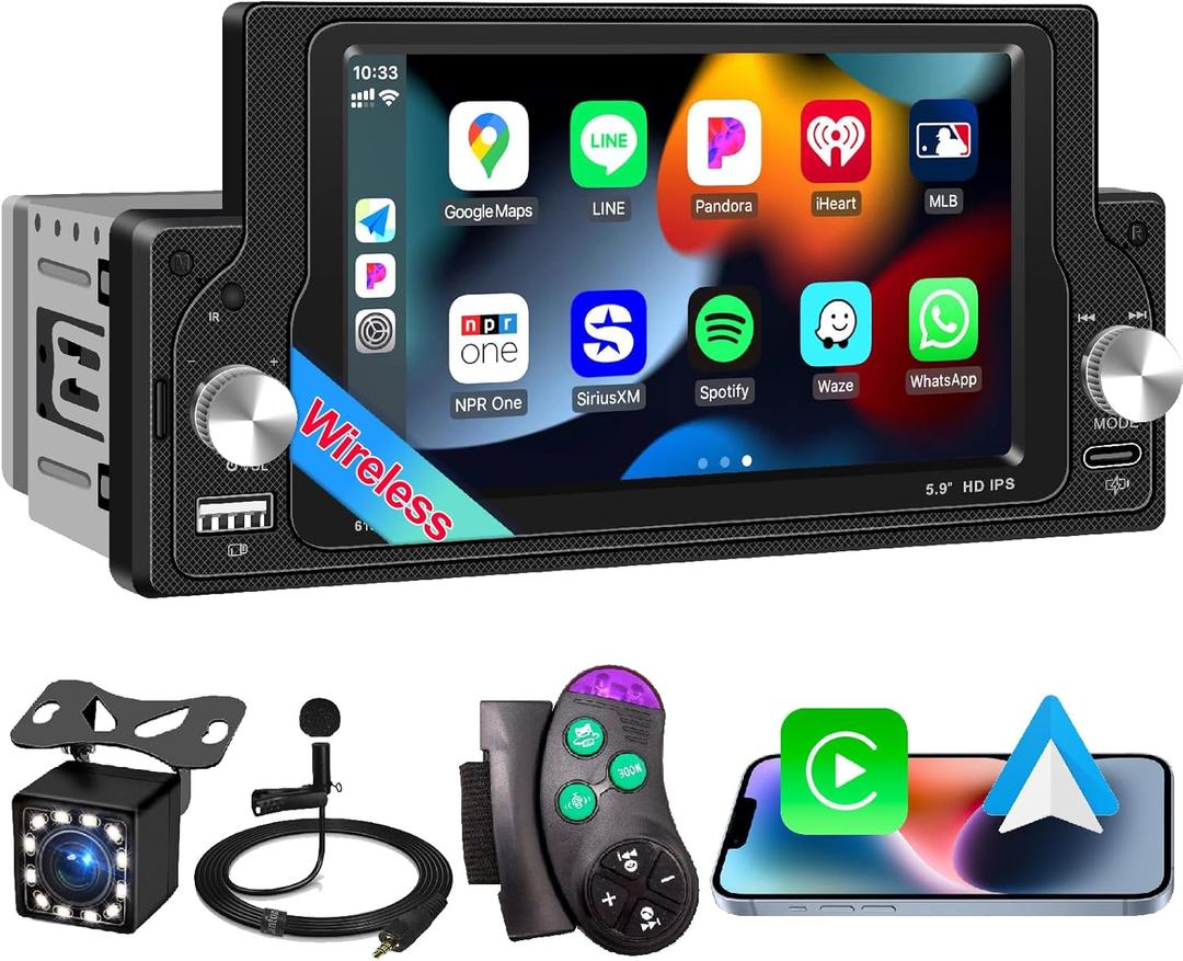 Wireless Apple CarPlay Single Din Car Radio,5.9 inch IPS Touch Screen 1280 * 720, Car Stereo Bluetooth 5.2,FM Radio, Android Auto,180 Watts subwoofer Output, Backup Camera, SWC,USB Type-c, Car Play