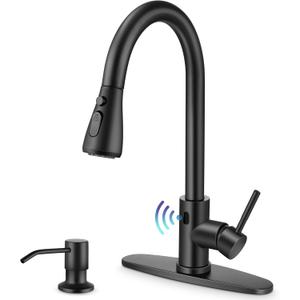 Touchless Kitchen Sink Faucet with Pull Down Sprayer, Herogo Matte Black Stainless Steel Motion Sensor Faucet with Soap Dispenser, Single Handle Smart Activated Kitchen Tap for Farmhouse RV Sink