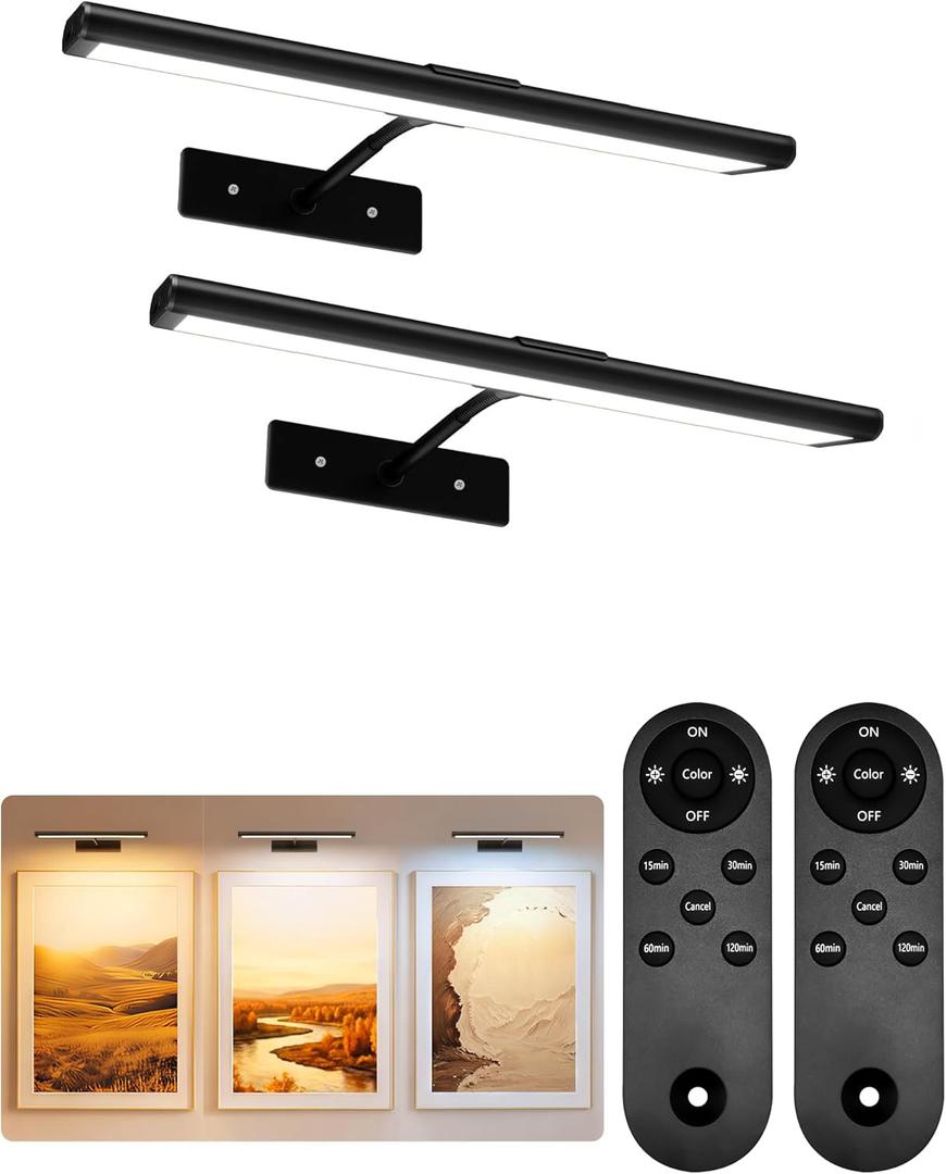 EZVALO Picture Light for Wall, 13'' Black Rechargeable 4800mAh Battery Lights Wireless Remote, Dimmable Magnetic LED Art Painting Light with 3 Color Temperatures, Display for Gallery, Living Room(2P)