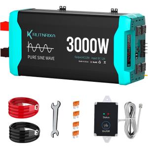 3000W Pure Sine Wave Inverter Peak 6000w 12V DC to 120V AC for RV, Truck, Off-Grid, Home, Solar Car Power Inverter with Dual AC Hardwire Port, 20A Socket, 5V 2.1A USB