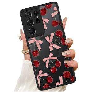 ZIYE Magnetic Case for Samsung Galaxy S21 Ultra 6.8 Inch [Compatible with MagSafe] Hard PC and Soft TPU Case with Cherry Pink Bows Anti-Scratch Shockproof Protection Phone Cover for Women