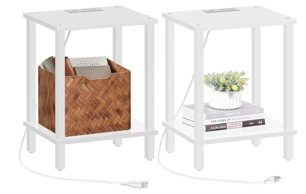 TUTOTAK End Table with Charging Station, Set of 2, Small Side Table with Outlets, Nightstand Bedside Table, 2Tier Storage Shelf for Small Space, Living Room, Bedroom White TB01BW041