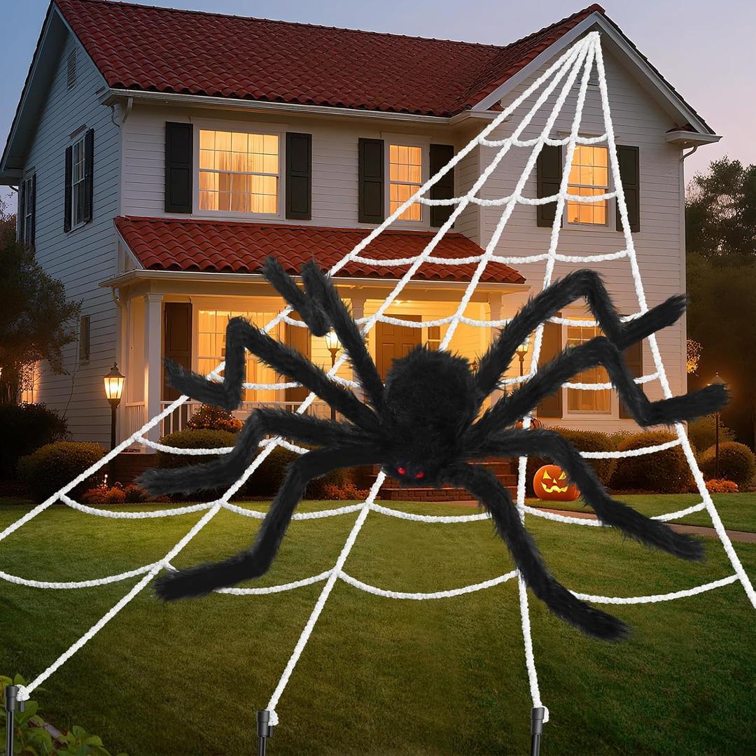 Land Guard 236'' Big Spider Web Halloween Decor+70'' Huge Spider for Roof with Triangular Big Web for on House Outside and Inside