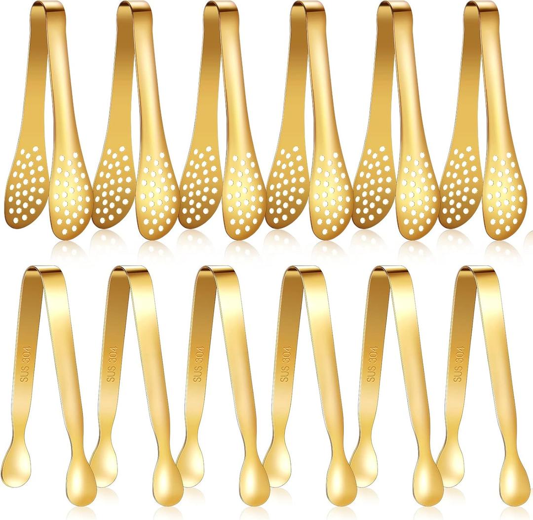 Vesici 8 Pieces Mini Serving Tongs Small Tongs Serving Utensils, Ice Tongs Mini Sugar Tongs, Small Tongs for Appetizers, 5 Inch and 4 Inch(Gold)