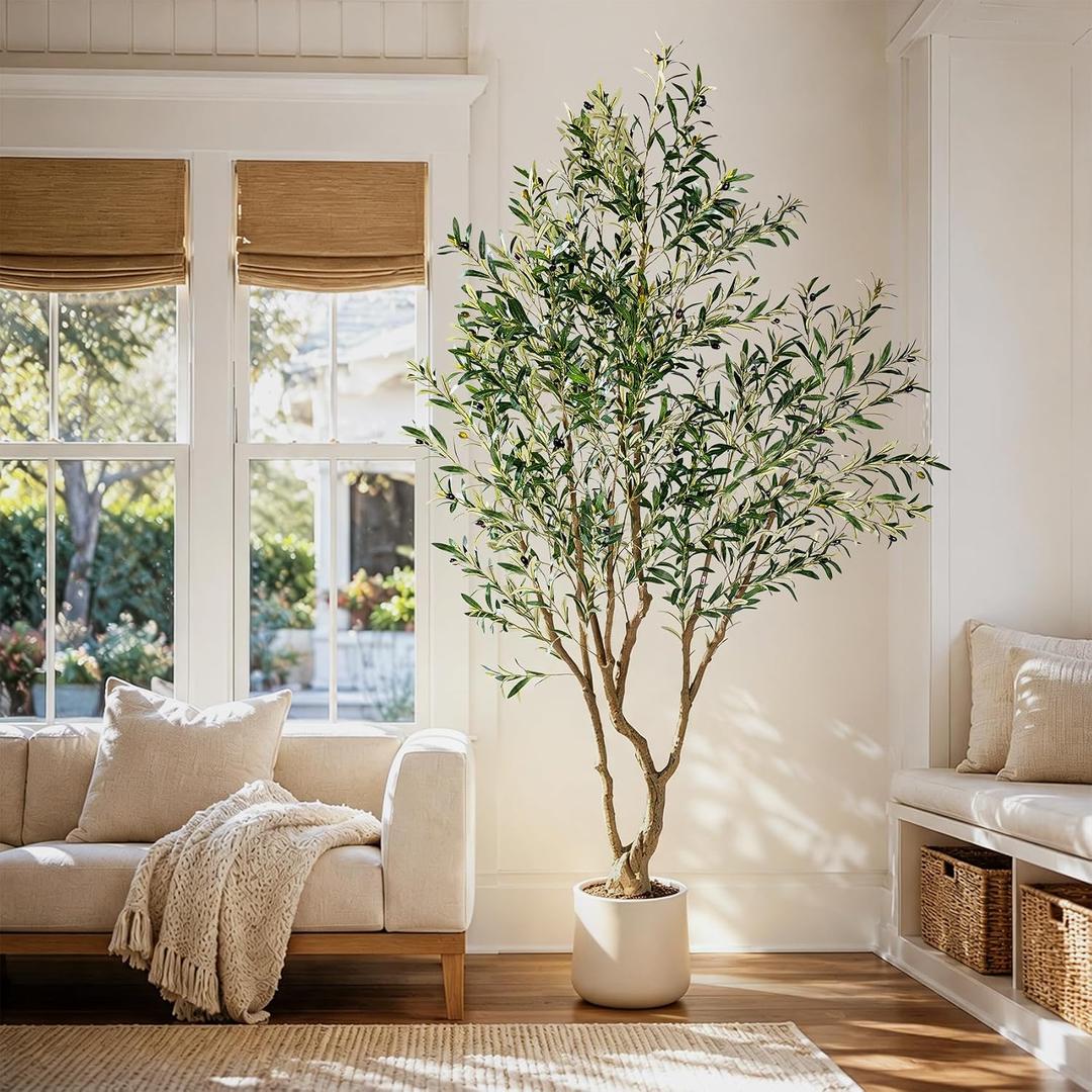 Large Artificial Trees Tall Faux Olive Trees with Pot Indoor Outdoor Realistic Floor Fake Plastic plantas for Home Living Room Office Porch Outside Patio Modern Farmhouse Decor Housewarming Gift, 7ft