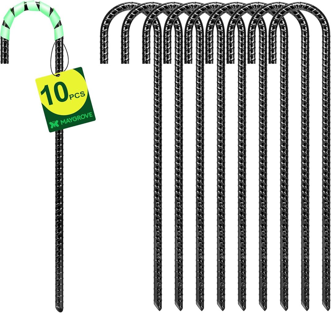 12 Inch Rebar Stakes Heavy Duty 10 Pack, J Hook Ground Stakes, Galvanized Steel Trampoline Stakes, Tent Anchor Kit Anti-Rust, Drip Hose Wind Stakes, Black
