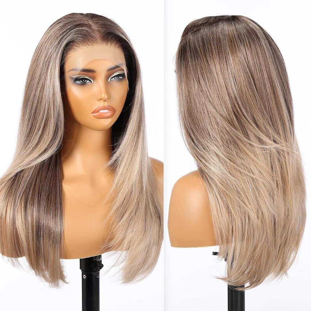 Ombre Ash Blonde Synthetic Lace Front Wig, 13X6 Long Straight Layered Glueless Wigs for Women Daily Use 22IN(#TT4/6164)