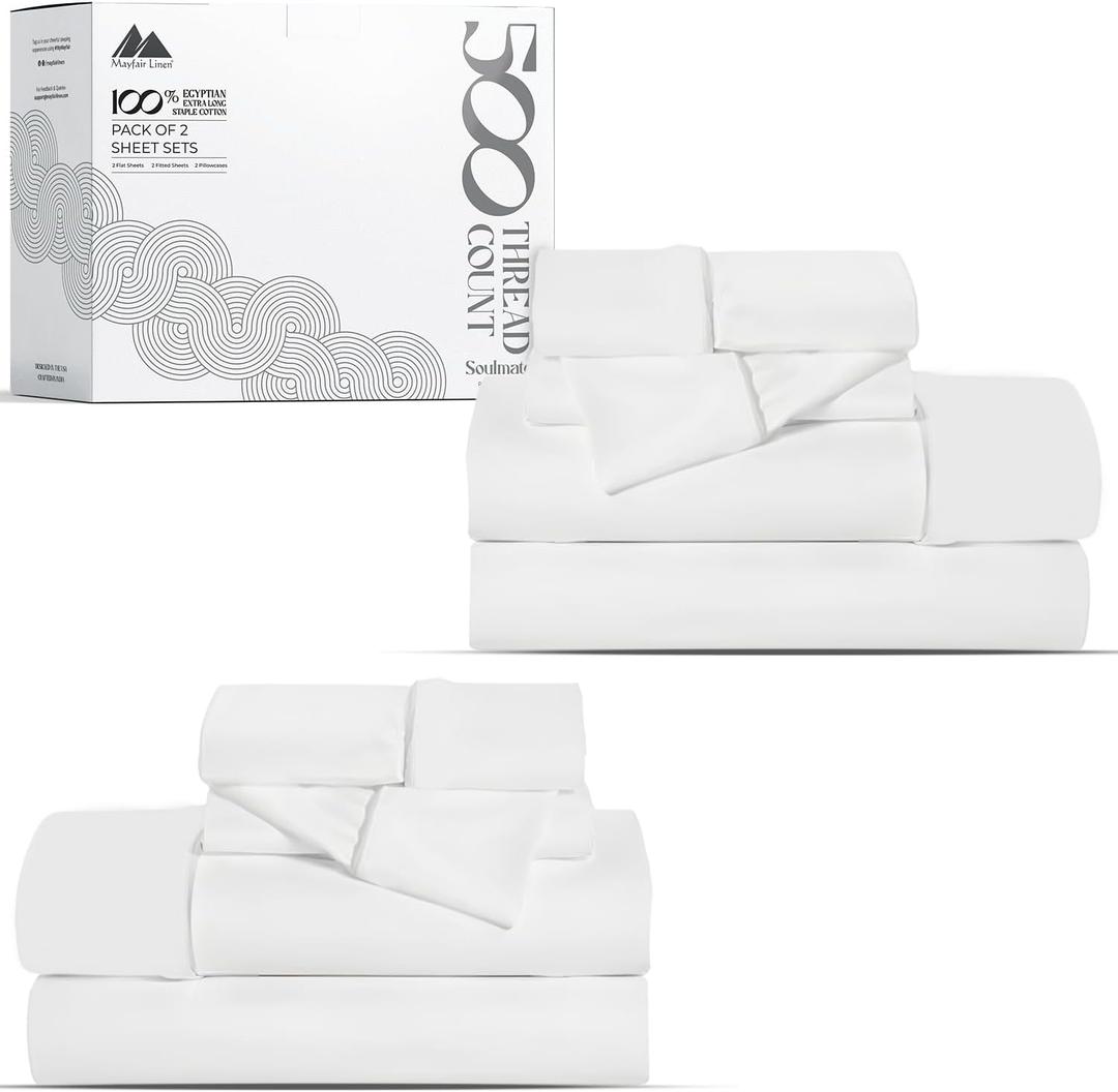 Mayfair Linen 2-Pack King Size Sheets Set - 500 Thread Count 100% Cotton Sateen Weave - Extra Soft, Breathable, Hotel Quality Cooling Sheets, 2 Sets of King Size Deep Pocket Bed Sheets (White)