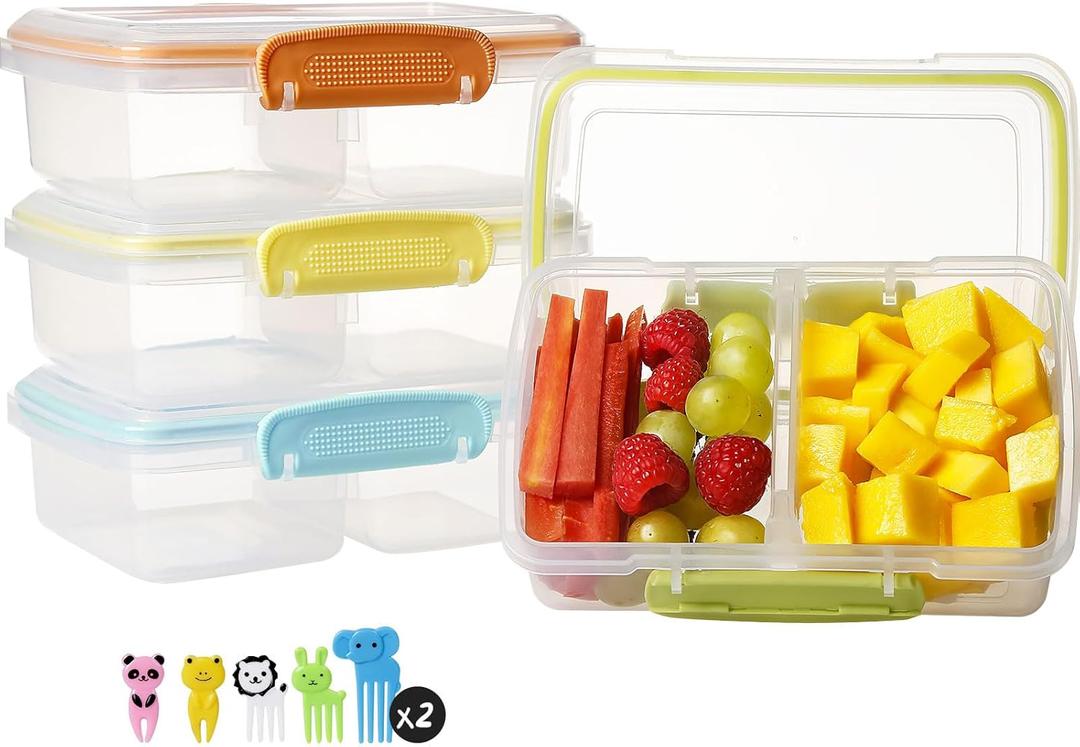 4 Pack Plastic Snack Containers with Lids, 2 Compartment Food Container for Kids Snack Box, Travel Bento Lunch Containers with forks for Fruits/Candies, Divided Food Storage Containers for School (Yellow)