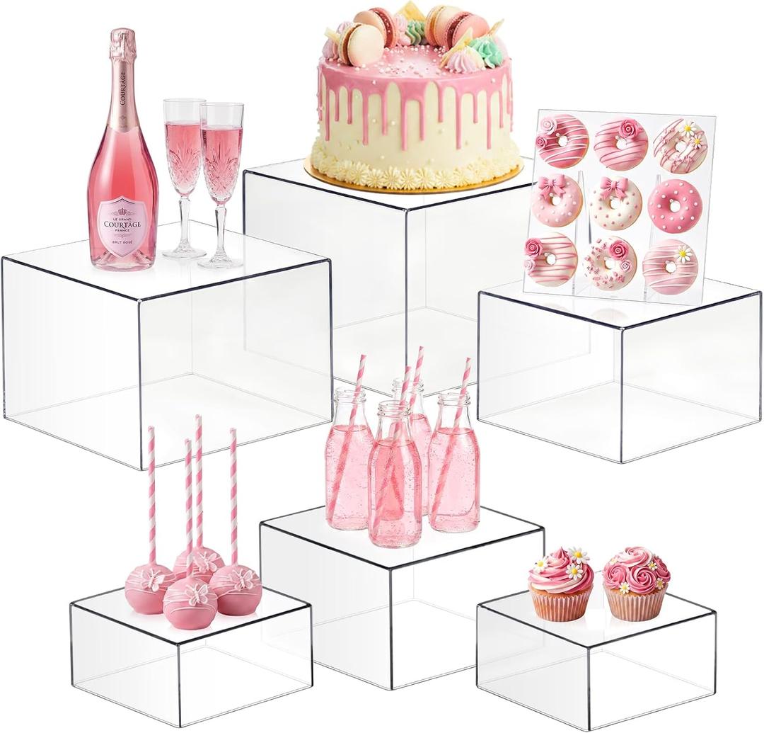 6 Pcs Acrylic Buffet Risers, Clear Stackable Food Display Stand, Nesting Cube Box with Hollow Bottom, Food Risers for Buffet Table Dessert Jewelry Catering(8'' 7'' 6'' 5'' 4'' 4'')