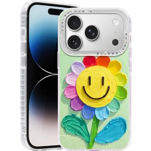 Compatible with iPhone 17 Pro Case,with [Soft Slim][Camera Protection] Cute Rainbow Flower Aesthetic Phone Cover Anti-Yellowing Shockproof Protective Cover for Women Girl-Green