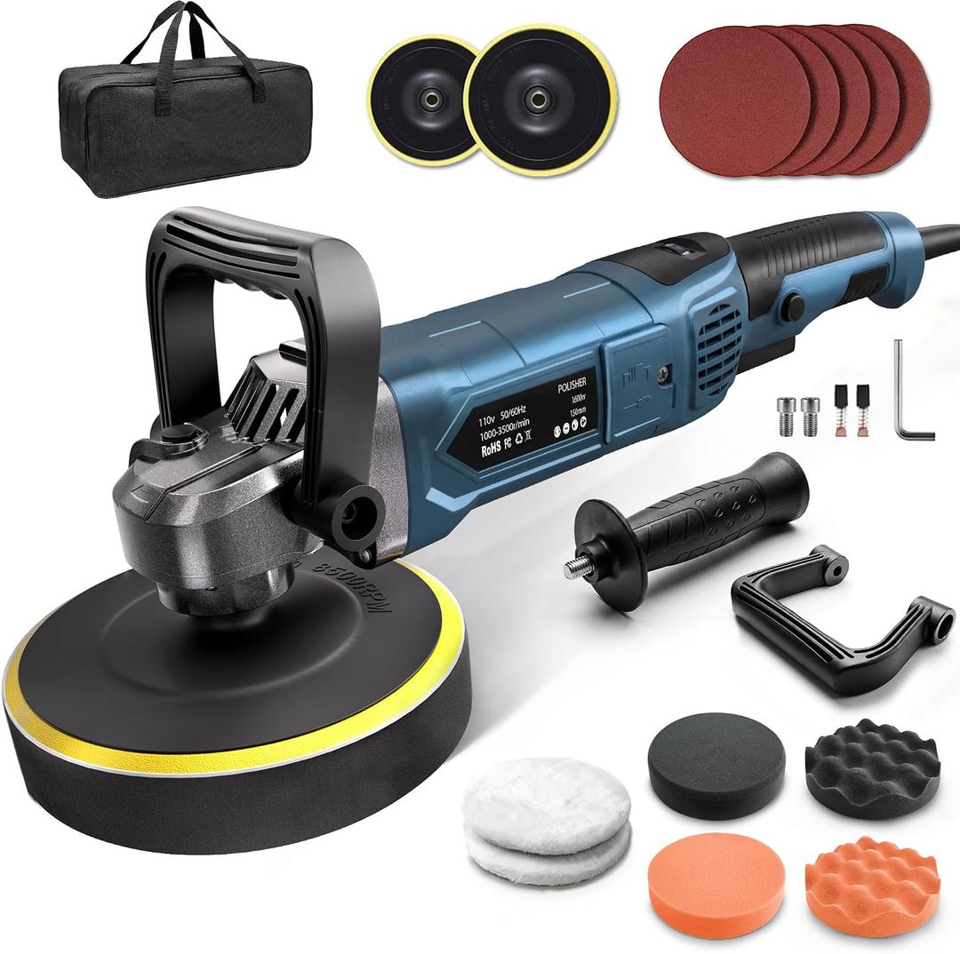 Buffer Polisher, 6 Inch/7 Inch 1600W Rotary Car Buffer Polisher Waxer, 7 Variable Speed 1000-3500 RPM, Detachable Handle for Waxing, Polishing & Scratch Removal