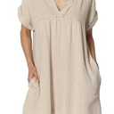 TheMogan Women's Casual Washed Gauze Short Sleeve V Neck Cotton Babydoll Loose Shift Mini Dress Ash Mocha M