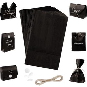 Creative Area 50Pcs Mini Customizable Black Paper Bags  5" x 2" x 8.25" Small Packaging for Soap, Wedding Gift, Crafts, Cookies, with 590 Inch Jute Ropes and 50 Stickers