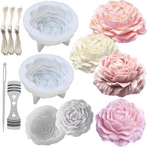 Large&Small Peony Flower Silicone Soap Molds 3PCS Peony Silicone Candle Mold with Large-Eye Wicking Needle,Candlewick for Chocolate Cake Candy Moulds Epoxy Resin Plaster Clay