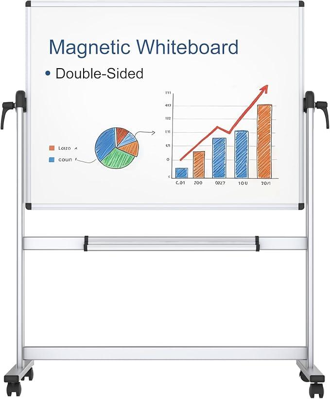 VIZ-PRO Double-Sided Magnetic Mobile Whiteboard, 48 x 36 Inches, Aluminium Frame and Stand