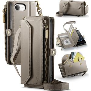 Strapurs Crossbody Wallet Case Compatible with iPhone 17e / iPhone 16e RFID Blocking 7-Card Holder PU Leather Magnetic Snap Shoulder Strap Zipper Pocket Phone Cases for iPhone 17e / 16e - Grey