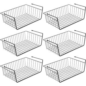 Under Shelf Basket, 6PCS Hanging Storage Basket for Pantry Cupboard Laundry Room Slide-in Baskets Organizer for Kitchen Counter Desk Bookshelf, Space Saving, Easy to Install, Black