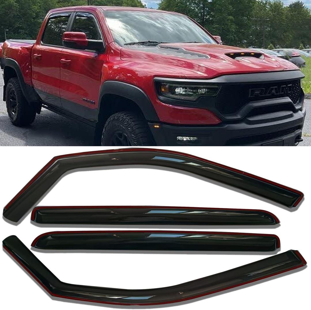 in-Channel Rain Guards for Trucks Dodge RAM 1500 Crew Cab 2019 2020 2021 2022 2023 2024, Window Deflectors, Vent Visors,Dark Smoke 4pcs