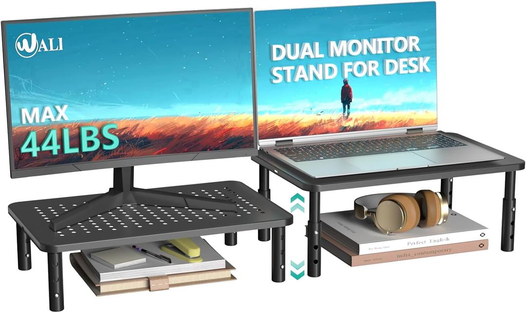 WALI Dual Monitor Stand for Desk, Desk Monitor Riser 3 Height Adjustable, Laptop Riser with Airflow Vents, Desk Organizer for Computer, Laptop, Printer, Notebook (STT003-2), 2 Pack, Black (Basic)