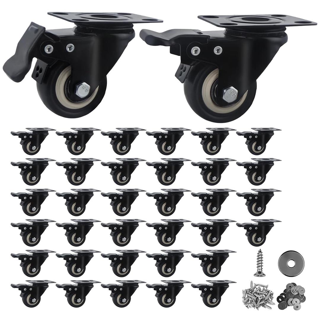 2 Inch Caster Wheels Set of 28 Heavy Duty Casters,with Brake,No Noise Locking Polyurethane (PU) Wheels, for Furniture and Workbench Load 800lbs