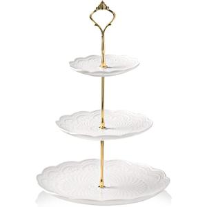 Sweejar 3 Tier Ceramic Cake Stand Wedding, Dessert Cupcake Stand for Tea Party Serving Platter(Rose White)
