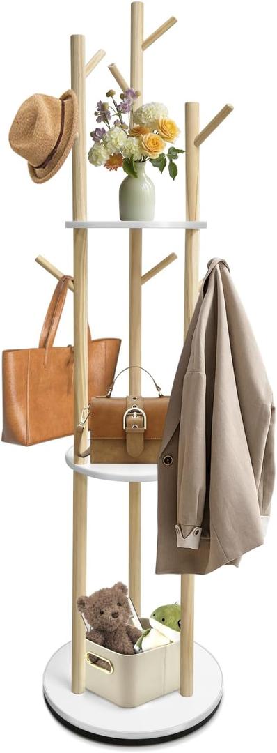 LIWSHWZ Rotary Coat Rack Freestanding,Solid Wood Coat Hanger Stand with 9 hooks & 3 Storage Shelves for Bedroom, Entryway, Livingroom